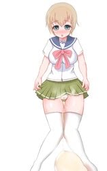 arykei blush eyebrows_visible_through_hair female green_skirt l85a1_(upotte!!) large_breasts open_mouth peeing short_hair solo upotte!! white_background white_legwear white_socks