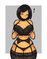 ! 1female ava_(gazoogaloo) beauty_mark big_breasts black_bra black_eyes black_garter_belt black_gloves black_lingerie black_thighhighs black_underwear busty curvy diddlesdoodles diddoodle_studios holding_breast holding_breasts lingerie mii nintendo no_emotion oc original_character short_hair wide_hips yellow_skin