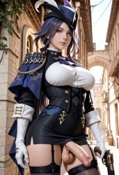 1futa ai_generated balls blue_hair breasts clorinde_(genshin_impact) futanari genshin_impact multicolored_hair penis purple_eyes purple_hair skirt skirt_up sparcy testicles