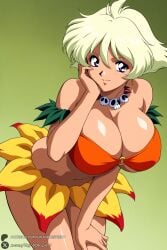 1female 1girl 1girls 2026 ai_generated artist_name big_ass big_breasts bikini blonde_hair blue_eyes breasts cleavage curvy earrings green_background hand_on_own_cheek hand_on_own_face hi_res high_quality high_resolution highres huge_ass huge_breasts jewelry jungle_de_ikou large_breasts leaning_forward looking_at_viewer mii_(jungle_de_ikou) navel necklace o-ring o-ring_top orange_bikini patreon patreon_username sarong short_hair skull skull_necklace smile solo swimsuit unjobdespiert watermark