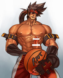 1boy abs alternate_costume ball bar_censor bara bare_chest basketball basketball_uniform brown_hair censored chest commission cowboy_shot erection fingerless_gloves from_below gloves guilty_gear headgear holding holding_ball long_hair male_focus male_masturbation male_only masturbation muscle na_insoo navel nipples penis ponytail precum rennik saliva saliva_trail shiny shiny_skin simple_background sol_badguy solo spiked_hair sportswear yellow_eyes