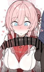 1boy 1girl absurdres bar_censor blue_archive blue_eyes blush breasts censored commentary_request dark-skinned_male dark_skin erection hair_bun halo heart highres kumiyabe large_breasts long_hair mimori_(blue_archive) netorare open_mouth penis penis_awe pink_hair pink_halo single_side_bun solo sweat