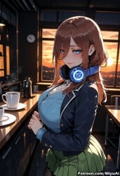 1girl ai_assisted ai_generated bangs blue_eyes blush breasts brown_hair closed_mouth coffee cup curvaceous curvy curvy_female curvy_figure eyebrows_visible_through_hair female go-toubun_no_hanayome green_skirt hair_between_eyes headphones headphones_around_neck indoors jacket large_breasts long_hair long_sleeves looking_at_viewer miku_nakano miyuai mug nakano_miku night pantyhose pleated_skirt shirt skirt smile solo table thick thick_ass thick_butt thick_hips thick_legs thick_thighs voluptuous voluptuous_female white_shirt wide_hips wide_thighs window