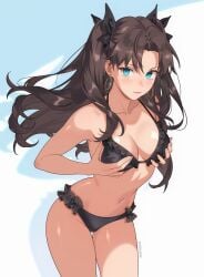 1girl absurdres alternate_breast_size_(larger) ass big_ass big_breasts bikini black_bikini black_hair blue_eyes breasts cleavage earrings fate/stay_night fate_(series) female female_focus female_only grabbing_own_breast highres hips hips_wider_than_shoulders honkai:_star_rail honkai_(series) huge_ass huge_breasts jewelry large_breasts long_hair looking_at_viewer navel solo steklowataa stomach swimsuit thighs tohsaka_rin tohsaka_rin_(honkai:_star_rail) twintails two-tone_background very_long_hair