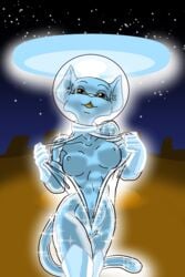 anthro breasts close_encounter clothed clothing felid feline female genitals hi_res mammal nipples pussy solo spacesuit sparkles translucent translucent_clothing undressing xanaduxxx