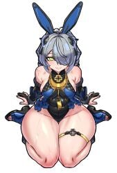 1girl absurdres animal_ear_hairband animal_ears bare_shoulders black_gloves black_leotard blue_leotard breasts commentary_request dracaene_sunbringer elbow_gloves fake_animal_ears full_body gloves gradient_eyes green_eyes grey_hair hair_over_one_eye hairband highres leotard looking_at_viewer looking_up medium_breasts mold_(pixiv6616319) mole mole_on_shoulder multicolored_eyes multicolored_leotard open-toe_boots partially_fingerless_gloves playboy_bunny rabbit_ear_hairband rabbit_ears shoes sideboob simple_background sitting smile solo sweat thick_thighs thigh_strap thighs two-tone_leotard wariza white_background yellow_eyes zenless_zone_zero