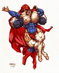 1boy areolae between_breasts dc extreme_muscles female femdom head_between_breasts male muscular_female muscular_male original_character power_girl red_hair superman veiny_breasts veiny_muscles wince zebodoy