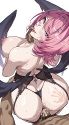 1boy 1girl breasts commentary_request cum cum_in_pussy finger_in_another's_mouth from_above hetero highres large_breasts medium_hair momo_sam nipple_piercing nipples official_alternate_costume penis piercing pink_hair pointy_ears pov remielle_dan remielle_dan_(moonlight_whispers) saliva sex sex_from_behind standing standing_doggystyle standing_sex wings zenless_zone_zero