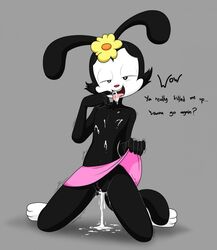 animaniacs anthro black_body black_fur bodily_fluids bottomwear clitoris clothing cum cum_drip cum_in_mouth cum_in_pussy cum_inside dialogue dot_warner dripping featureless_chest female flat_chested flower fur genital_fluids genitals gloves handwear hi_res inkblot looking_at_viewer mammal miniskirt open_mouth pink_bottomwear pink_clothing pink_skirt plant presenting presenting_pussy pussy red_nose sandwich-anomaly seductive shaking simple_background skirt smile solo teeth text tongue tongue_out warner_brothers young