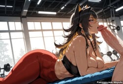 1boy 1girl abs ai_assisted ai_generated animal_ears bangs bare_shoulders black_hair blue_eyes blush breasts choker cleavage curvaceous curvy curvy_female curvy_figure dehya_(genshin_impact) earrings erection fellatio female genshin_impact hair_between_eyes hetero indoors jewelry large_breasts long_hair lying miyuai navel open_mouth oral pants penis saliva solo_focus sports_bra sweat testicles thick thick_ass thick_butt thick_hips thick_legs thick_thighs voluptuous voluptuous_female wide_hips wide_thighs window