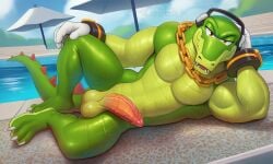 1boy ai_generated anthro balls big_penis crocodile crocodilian erection feet furry furry_male furry_only genitals gloves green_skin headphones huge_cock long_hair looking_at_viewer lying_on_side male male_only mature mature_male muscular muscular_male necklace nude outdoors penis reptile scalie sega sergalbutt smile solo solo_focus solo_male sonic_(series) sonic_the_hedgehog_(series) tail testicles vector_the_crocodile white_gloves