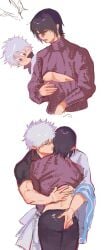 2boys alternate_costume ass ass_grab cleavage_cutout gay gintama gintoki_sakata hair_over_one_eye hoangvu_anh keyhole_turtleneck male male_only nipples purple_hair sweater takasugi_shinsuke turtleneck turtleneck_sweater yaoi