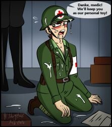 2boys after_blowjob after_fellatio boner brown_hair captured cum_on_body cum_on_face cum_on_floor gay green_eyes hard_on history light-skinned_male light_skin military military_uniform militaryboiz nazi nazi_uniform submissive_male world_war_2 ww2