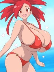1girl beach bikini blush bouncing_breasts breasts female female_only flannery_(pokemon) huge_breasts long_hair nintendo open_mouth outdoors pokemon pokemon_oras pokemon_rse red_eyes red_hair tied_hair zeronuruudon