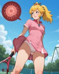 after_sex after_vaginal ai_generated blue_sky blush breasts crown cum_through_panties cumdrip dress earrings fertilization impregnation jewelry light_smile looking_away mario_(series) nintendo outdoors ovum pink_dress ponytail princess_peach short_dress sky small_breasts sperm_cell sportswear standing tennis_racket tennis_uniform upskirt vilerune white_panties