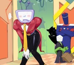 battat_(deltarune) covering_ass deltarune embarrassed jongler_(deltarune) pants_rip pippins_(deltarune) pluey_(deltarune) ponzumeshi shadowguy_(deltarune) small_mike_(deltarune) tenna_(deltarune) undertale_(series) zapper_(deltarune)