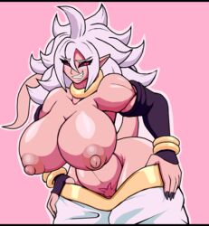 1girls 2010s android_21 areola big_breasts black_sclera breasts clothed clothing collar dark_persona dragon_ball dragon_ball_fighterz droll3 exposed_breasts female genitals gloves grin hair handwear hi_res huge_breasts humanoid long_hair looking_at_viewer majin majin_android_21 monster_girl muscular muscular_female muscular_humanoid nipples pants_down partially_clothed pink_pubic_hair pink_skin pointy_ears pubic_hair pussy red_eyes smile solo spiky_hair symbol_on_belly tail white_hair