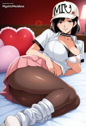 1girl ai_generated anime anime_style ass baseball_cap bed black_choker black_hair bouryoku_banzai breasts brown_eyes choker cleavage collarbone collared_shirt crop_top grabbing_own_breast hat heart heart-shaped_pillow hentai hi_res lamp large_breasts looking_at_viewer loose_socks lying midriff miniskirt miu_(bouryoku_banzai) mystic_maidens on_bed on_side pantyhose parted_lips patreon patreon_username pillow pink_skirt pleated_skirt shirt short_hair short_sleeves skirt smile socks solo thighs white_headwear white_shirt white_socks