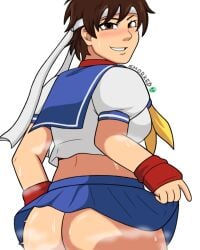 1girls ass ass_focus big_ass bottomless bottomless_skirt breasts brown_eyes brown_hair capcom clothing female female_focus female_only from_behind gloves headband looking_at_viewer looking_back no_panties sakura_kasugano school_uniform schoolgirl short_hair skirt smile smorked solo solo_female solo_focus street_fighter sweat sweating sweaty sweaty_ass sweaty_body thick thick_ass thick_thighs tomboy