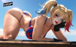 ass beach big_ass big_boobs big_booty big_breasts big_butt bikini blonde blonde_female blonde_hair blue_eyes blue_hair booty bubble_ass bubble_butt busty busty_female butt close-up dyed_hair fortnite fortnite:_battle_royale hand_on_cheek harley_quinn harley_quinn_(fortnite) pink_hair portrait swimsuit thong thong_bikini
