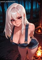 1girl 2026 ai_generated anime arms_behind_back bangs bare_shoulders boobs breasts cleavage closed_mouth collarbone crossover dbd dead_by_daylight denim eye_contact eyelashes female female_focus fire forest hair_between_eyes highres huge_breasts large_breasts leaning_forward lips long_hair looking_at_viewer naked_overalls nature neutral_expression night night_sky nsfw outdoors overall_shorts overalls patreon patreon_username red_eyes rognezart sable_ward shiny shiny_skin sky smile smiling solo standing tree very_long_hair watermark web_address white_hair