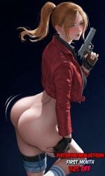 ai_generated ass ass_focus ass_up bare_ass bare_legs claire_redfield curvy_body curvy_hips hips holding_gun holding_object leg_up legs_apart legs_up patreon patreon_exclusive patreon_link patreon_logo patreon_reward patreon_url patreon_username red_hair resident_evil resident_evil_2 resident_evil_2_remake resident_evil_3_remake resident_evil_4 resident_evil_4_remake resident_evil_9:_requiem video_games