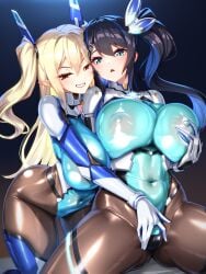 2girls absurdres alyssa_(specktech) aqua_bodysuit aqua_eyes ass big_ass big_breasts black_hair blonde_hair bodysuit breasts brown_bodysuit commission covered_erect_nipples covered_navel elf elf_ears erect_nipples female female_focus female_only fumizuki_homura grabbing_another's_breast grin groin groping highres hips hips_wider_than_shoulders huge_ass huge_breasts imminent_sex impossible_bodysuit impossible_clothes leaning_forward lips long_hair looking_at_another looking_at_viewer massive_breasts multicolored_bodysuit multiple_girls naughty_face nipples nipples_visible_through_clothing numako_(pizza_kanon) open_mouth original pointy_ears red_eyes second-party_source side_ponytail sitting skin_tight smile thick_thighs thighs thight_clothing two-tone_bodysuit yuri