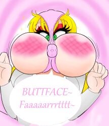 absurdres blonde_hair buttface fart fart_noises_(sound) femsub green_eyes kobi94 panties panties_on_head spiral_eyes symbol_in_eyes text underwear