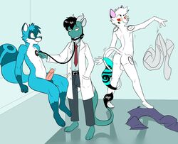 2014 annoyed anthro aquacoon_(character) arra blue_body blue_fur clothing doctor dragon erection felid feline fur group male male/male mammal medical_instrument metal_(artist) metal_(character) nude procyonid raccoon scientific_instrument stethoscope teasing undressing wiggle