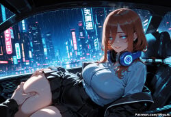 1girl ai_assisted ai_generated bangs black_skirt blue_cardigan blue_eyes blush breasts brown_hair building city cityscape curvaceous curvy curvy_female curvy_figure female go-toubun_no_hanayome hair_between_eyes headphones headphones_around_neck jacket large_breasts long_hair long_sleeves looking_at_viewer lying miku_nakano miniskirt miyuai nakano_miku night off_shoulder on_side pleated_skirt rain school_uniform shirt skirt skyscraper smile solo_focus thick thick_ass thick_butt thick_hips thick_legs thick_thighs thighs voluptuous voluptuous_female white_legwear white_shirt wide_hips wide_thighs