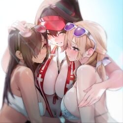 3girls between_breasts bikini blonde_hair breasts brown_eyes chela77 closed_mouth crying game_asset goddess_of_victory:_nikke goggles goggles_on_head hair_intakes hair_over_one_eye half_updo highres hug lanyard large_breasts long_hair marciana_(marine_study)_(nikke) marciana_(nikke) multiple_girls naga_(nikke) navel_piercing non-web_source official_alternate_costume official_alternate_hairstyle official_art parted_lips piercing pink-tinted_eyewear ponytail purple-tinted_eyewear red_eyes red_slingshot_swimsuit red_visor_cap self-datamine slingshot_swimsuit spoilers streaming_tears swimsuit tearing_up tears tia_(nikke) tia_(sea_lizzie)_(nikke) tinted_eyewear upper_body yellow_eyes