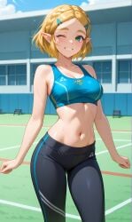 abdomen ai_generated arms blonde_hair braided_hair breasts cleavage collarbone elf_female exercise exercise_clothing green_eyes hairclips happy hips hylian looking_at_viewer midriff modern_au navel pixai princess_zelda short_hair slim_body smiling sport sports_bra sweat the_legend_of_zelda thighs waist winking_at_viewer yoga_pants zelda_(tears_of_the_kingdom)
