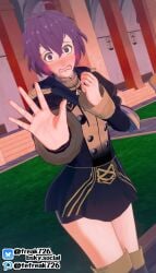 1girls 3d artist_name bare_thighs bernadetta_von_varley boots breasts dusk embarrassed fefreak726 female female_only fire_emblem fire_emblem:_three_houses flustered frown garreg_mach_monastery_uniform grey_hair hair_between_eyes hands_up long_sleeves nintendo open_mouth outdoors outstretched_arm pre-timeskip purple_hair short_hair skirt small_breasts solo stop_gesture thighs worried