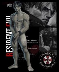 1boy big_boobs big_thighs firearm flaccid flaccid_penis front_view gun gun_arm leon_scott_kennedy looking_at_viewer male male_only muscular_anthro muscular_male penis resident_evil resident_evil_2 six_pack text twitter umbrella_corporation wristwatch