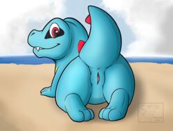 beach conditional_dnp female feral genitals hi_res itsdraconix nintendo paws pokémon_(species) pokemon pussy raised_tail scalie seaside smiling_at_viewer solo totodile video_games