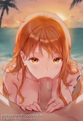 1boy 2026 ai_generated animated arm_tattoo beach blush breasts closed_eyes cloud cocomiyart collarbone completely_nude earrings erection facing_viewer fellatio female highres jewelry large_breasts long_hair mp4 nami_(one_piece) no_sound nsfw nude ocean one_piece oral orange_hair orange_sky outdoors palm_tree pearl_earrings penis pov pov_crotch shoulder_tattoo sky solo_focus straight sun sunset tagme tattoo tree uncensored veins veiny_penis video water wavy_hair
