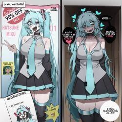 1girls big_breasts blue_eyes blue_hair choker cleavage clothing detached_sleeves dialogue discount english_text female female_focus glitchace hatsune_miku heart-shaped_pupils hearts_around_head long_hair messy messy_hair pearto sharp_teeth skirt stockings talking_to_viewer text tie very_long_hair vocaloid