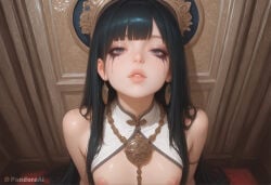 1boy 1femboy absurd_res ai_generated artist_name artist_upload bare_shoulders black_hair blue_eyes blunt_bangs crossdressing earrings eyelashes eyeliner eyeshadow femboy femboy_focus feminine_male flat_chest gay hi_res indoors jewelry lips long_hair looking_at_viewer looking_up makeup mascara more_at_source necklace nipples pandora parted_lips patreon patreon_username runny_makeup self_upload solo transgender uncensored upper_body watermark