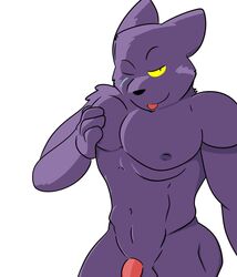 anthro black_body black_fur facial_markings felid fizzyjay fur genitals head_markings hi_res male male_only mammal markings nintendo nipples nude one_eye_closed open_mouth panther_caroso pantherine penis solo solo_male star_fox video_games wink yellow_sclera