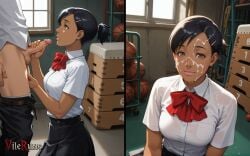 1boy 1girl ai_generated black_hair black_skirt brown_eyes caressing_testicles clothed_male cum_on_cheeks cum_on_face dark-skinned_female dark_skin facial from_side gekkoukan_high_school_uniform gym_storeroom hairclip handjob hetero indoors light_smile looking_at_viewer looking_up medium_breasts penis_out persona_3 pink_lipstick red_bowtie shirt short_hair short_ponytail short_sleeves skirt small_penis solo_focus standing tanned testicles_out track_and_field upper_body vilerune white_shirt window yuko_nishiwaki