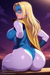 1female 1girl 1girls 2026 ai_generated artist_name ass big_ass big_breasts black_gloves blonde_blazer blonde_hair blue_eyes bodysuit breasts cape closed_mouth cloud curvy dispatch dispatch_(game) earrings from_behind gloves hands_on_hips hi_res high_quality high_resolution highres huge_ass huge_breasts jewelry large_breasts leotard lips long_hair looking_at_viewer looking_back mask night night_sky outdoors patreon patreon_username shiny sitting sky smile solo thick_thighs thighs unjobdespiert watermark web_address