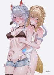 2girls absurdres aglaea_(honkai:_star_rail) alternate_costume animal_ear_fluff animal_ears bikini bikini_bottom_under_shorts bikini_under_clothes black_bikini black_choker blonde_hair blue_eyes blush breasts cat_ears cat_girl cat_tail choker cipher_(honkai:_star_rail) closed_mouth commentary cowboy_shot embarrassed fang female female_focus female_only front-to-back grabbing_from_behind grey_hair grey_shorts hair_intakes hand_on_another's_chest hand_on_another's_waist hand_under_clothes highres hips hips_wider_than_shoulders honkai:_star_rail honkai_(series) hug hug_from_behind imminent_sex laurel_crown looking_at_another medium_breasts micro_shorts miya-chan_(lightning0730) multi-strapped_bikini_bottom multiple_girls navel nose_blush o-ring o-ring_bikini o-ring_top open_mouth ribs short_hair shorts simple_background stomach sweat swimsuit tail thick_thighs thigh_strap thighs torn_clothes torn_shorts twitching white_background white_bikini wide-eyed yuri