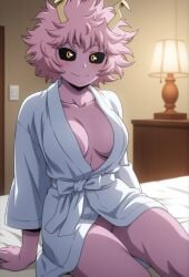 1girl ai_generated arm_support ashido_mina bare_legs bathrobe bed bed_sheet bedroom black_sclera blush boku_no_hero_academia bones_(company) bones_(studio) breasts cleavage closed_mouth clothing collarbone colored_sclera colored_skin desk_lamp exposed_vagina female groin gyaru heroine high_school_girl high_school_student horns hotel_room imminent_sex indoors lamp large_breasts legs long_sleeves looking_at_viewer medium_breasts messy_hair mina_ashido my_hero_academia no_bra no_panties on_bed pink_hair pink_skin pov robe room sexy sexy_body short_hair shounen_jump sitting smile solo superheroine teen teen_girl teenage teenage_girl teenager vagina waifu yellow_eyes