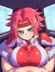 1boy 1girls ai_generated angry blue_eyes blush bodysuit breasts bulge bulge_through_clothing cockpit code_geass e-plus glaring hair_intakes headband heavy_breathing huge_breasts kallen_stadtfeld looking_at_viewer monitor paizuri paizuri_under_clothes pilot_suit pov precum red_hair scowl straight sweat zipper