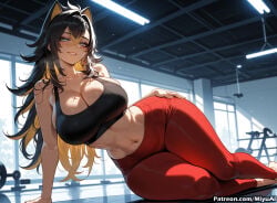 1girl abs ai_assisted ai_generated animal_ears backlighting bangs bare_shoulders barefoot black_hair blue_eyes blush breasts cleavage collarbone curvaceous curvy curvy_female curvy_figure dehya_(genshin_impact) dutch_angle eyebrows_visible_through_hair feet female genshin_impact glasses gym hair_between_eyes half-closed_eyes huge_breasts indoors long_hair looking_at_viewer midriff miyuai multicolored_hair muscle navel parted_lips shorts smile solo sports_bra stomach sweat thick thick_ass thick_butt thick_hips thick_legs thick_thighs thighs toes toned track_pants voluptuous voluptuous_female wide_hips wide_thighs window