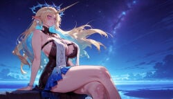 1girl 1girls ai_generated arm_support balecxi bare_shoulders black_dress blonde_hair blue_hair bracelet breasts cleavage clothing cloud colored_inner_hair crossed_legs curvaceous curvaceous_female curvaceous_figure curvy curvy_figure detached_collar dress elf female female_focus fleurdelys_(wuthering_waves) halo horns huge_breasts jewelry large_breasts long_hair long_pointy_ears looking_at_viewer multicolored_hair night night_sky ocean outdoors pointy_ears shooting_star short_dress single_horn sitting sky solo star_(sky) starry_sky thighs very_long_hair voluptuous voluptuous_female water wuthering_waves