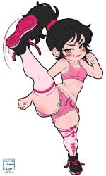 1girl belly_button black_hair bluelimelight breasts brown_eyes collarbone colored female female_only kicking looking_at_viewer pubic_hair pubic_hair_peek solo solo_female sweat thick_thighs tomboy vanellope_von_schweetz wreck-it_ralph