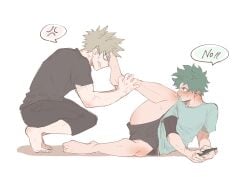 2boys anger_vein annoyed bakugou_katsuki bare_legs barefoot bent_over blonde_hair blush bones_(company) cellphone feet foot_on_another's_face freckles green_eyes green_hair izuku_midoriya katsuki_bakugou legs looking_at_another lying midoriya_izuku my_hero_academia pants scar shirt shorts shounen_jump sleeveless_shirt spiked_hair sweatdrop toes white_background yaoi