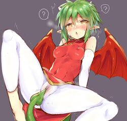 ? bare_shoulders barefoot blush breath chinese_clothes covered_navel covered_nipples dadada72717 demon_girl demon_horns demon_tail demon_wings draco_centauros drooling female green_hair grey_background hair_between_eyes horns masturbation pointy_ears pussy puyo_puyo red_wings saliva short_hair simple_background sketch solo spread_legs tail trembling wings yellow_eyes