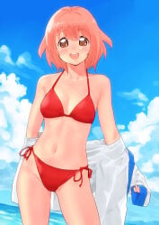 beach bikini blush brown_eyes clean female female_only jyougasaki_nami kuroganehompo looking_at_viewer off_shoulder open_jacket outdoors pink_hair red_bikini short_hair small_breasts smile solo tetsudou_musume